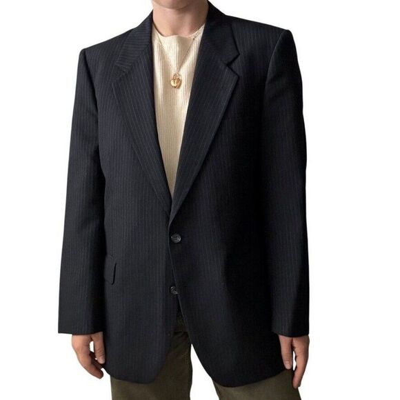 Vintage YSL Yves Saint Laurent Navy Blue Pin Stripe Wool Sport Coat Blazer 42R - Picture 11 of 11